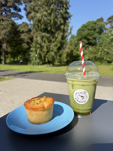 So Coffee iced matcha and a cake enjoyed outside beside Griffeen Valley Park